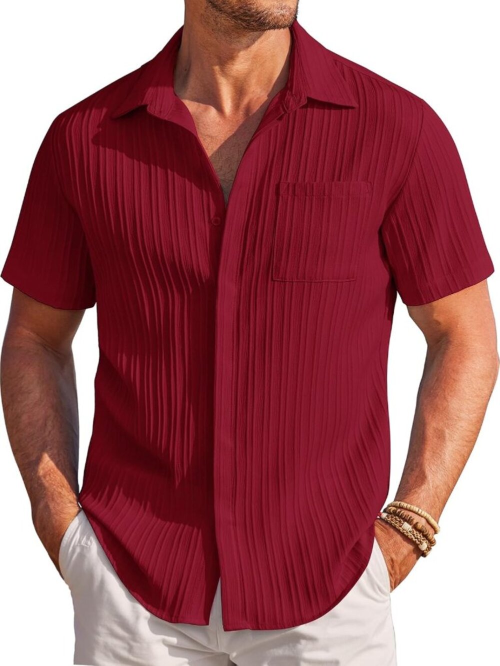 Casual Textured Short Sleeve Button Down Summer Beach Shirt for Men